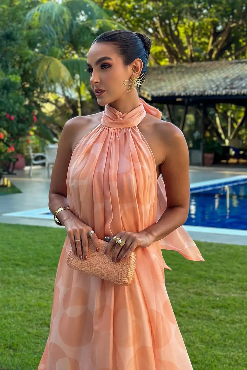 Printed Halter Neck Wedding Guest Maxi Dress