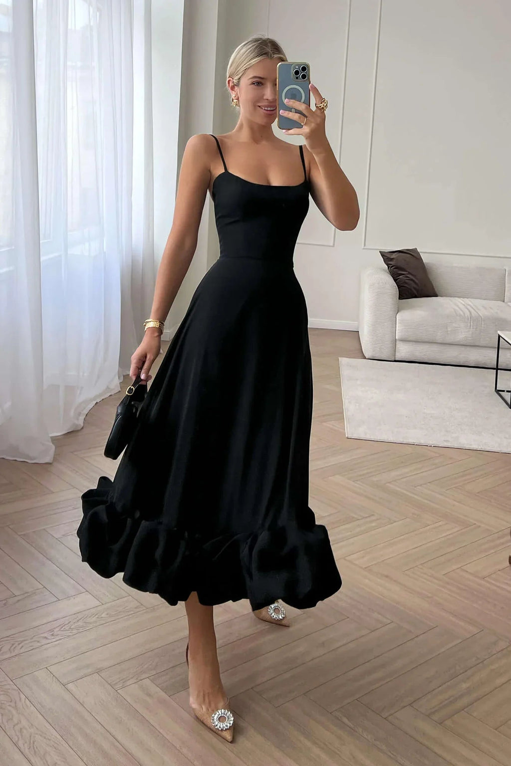 Elegant Black Ruffle Evening Party Midi Dress