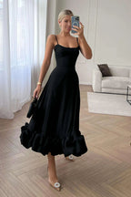 Elegant Black Ruffle Evening Party Midi Dress