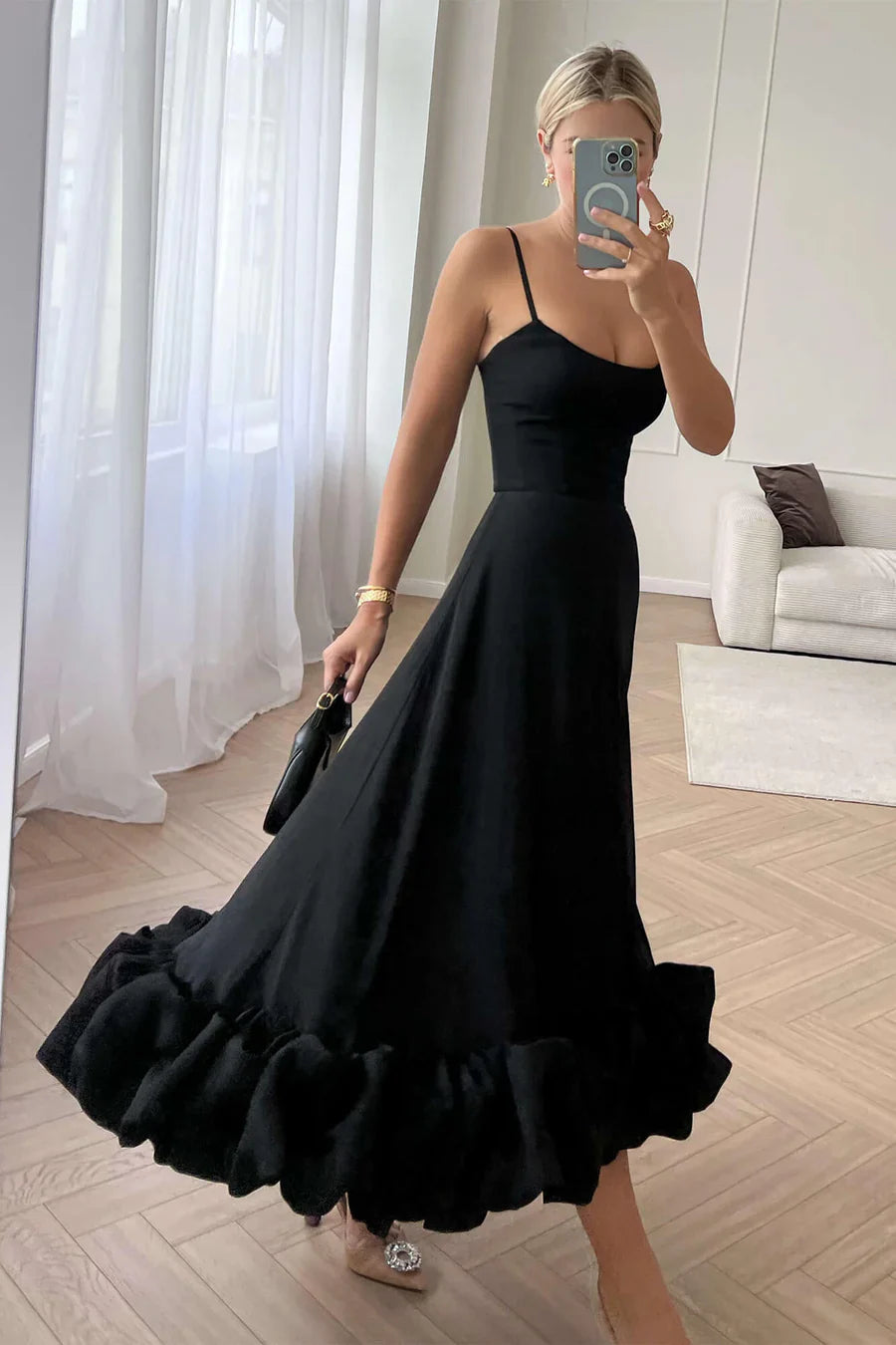 Elegant Black Ruffle Evening Party Midi Dress
