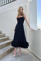Elegant Black Ruffle Evening Party Midi Dress