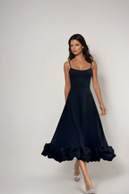Elegant Black Ruffle Evening Party Midi Dress