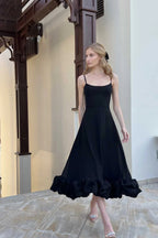 Elegant Black Ruffle Evening Party Midi Dress