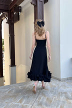 Elegant Black Ruffle Evening Party Midi Dress