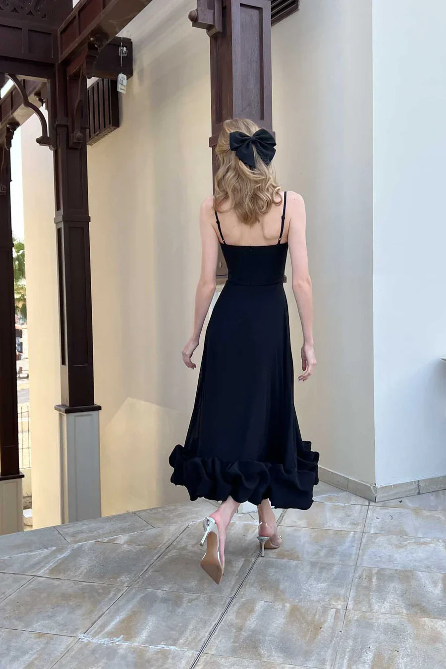 Elegant Black Ruffle Evening Party Midi Dress