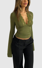 Women's Feminine Long-sleeved top with lace