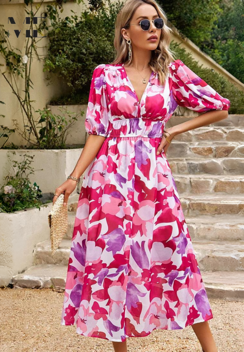 Elegant Floral Party Midi Dress with Puff Sleeves