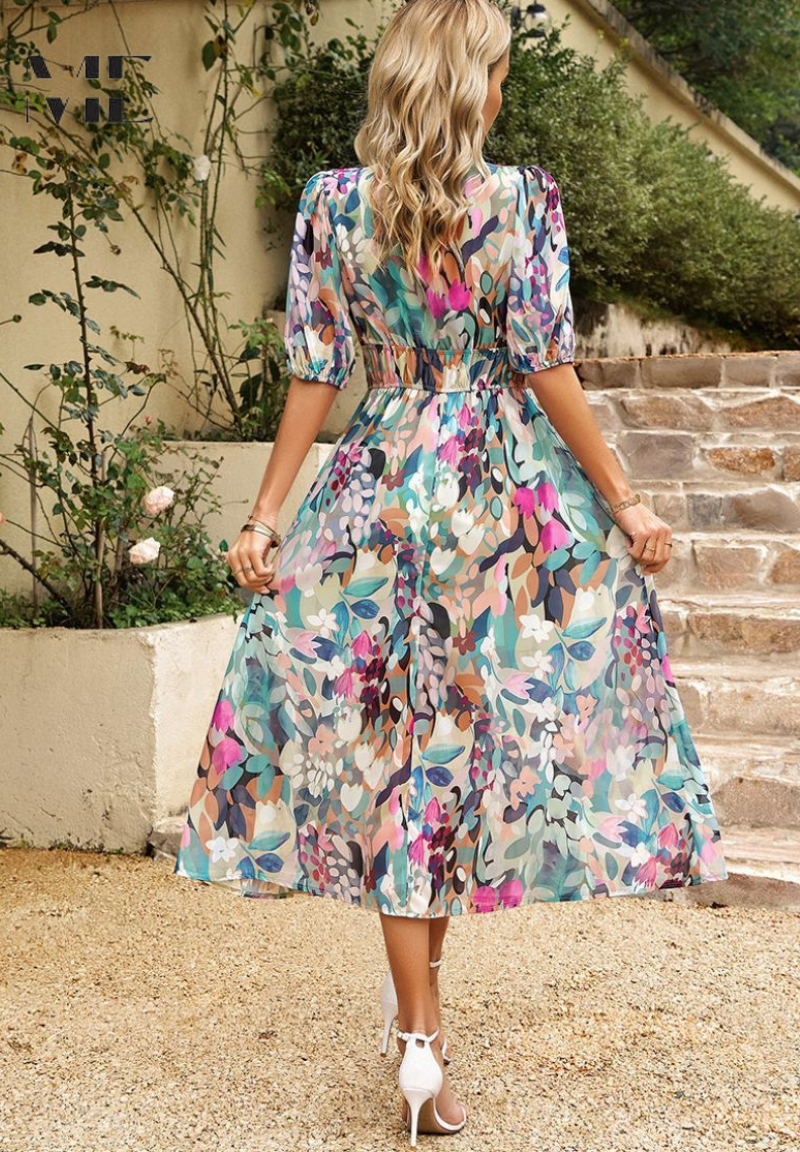 Elegant Floral Party Midi Dress with Puff Sleeves