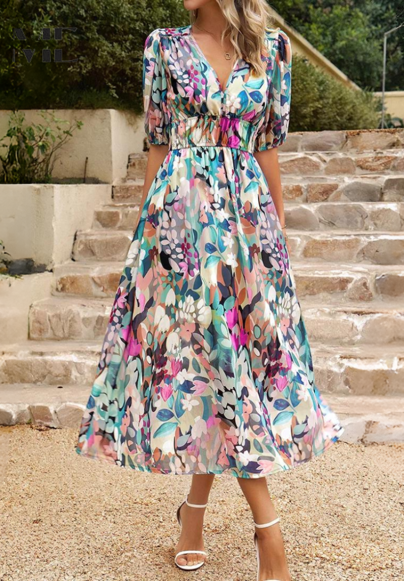Elegant Floral Party Midi Dress with Puff Sleeves