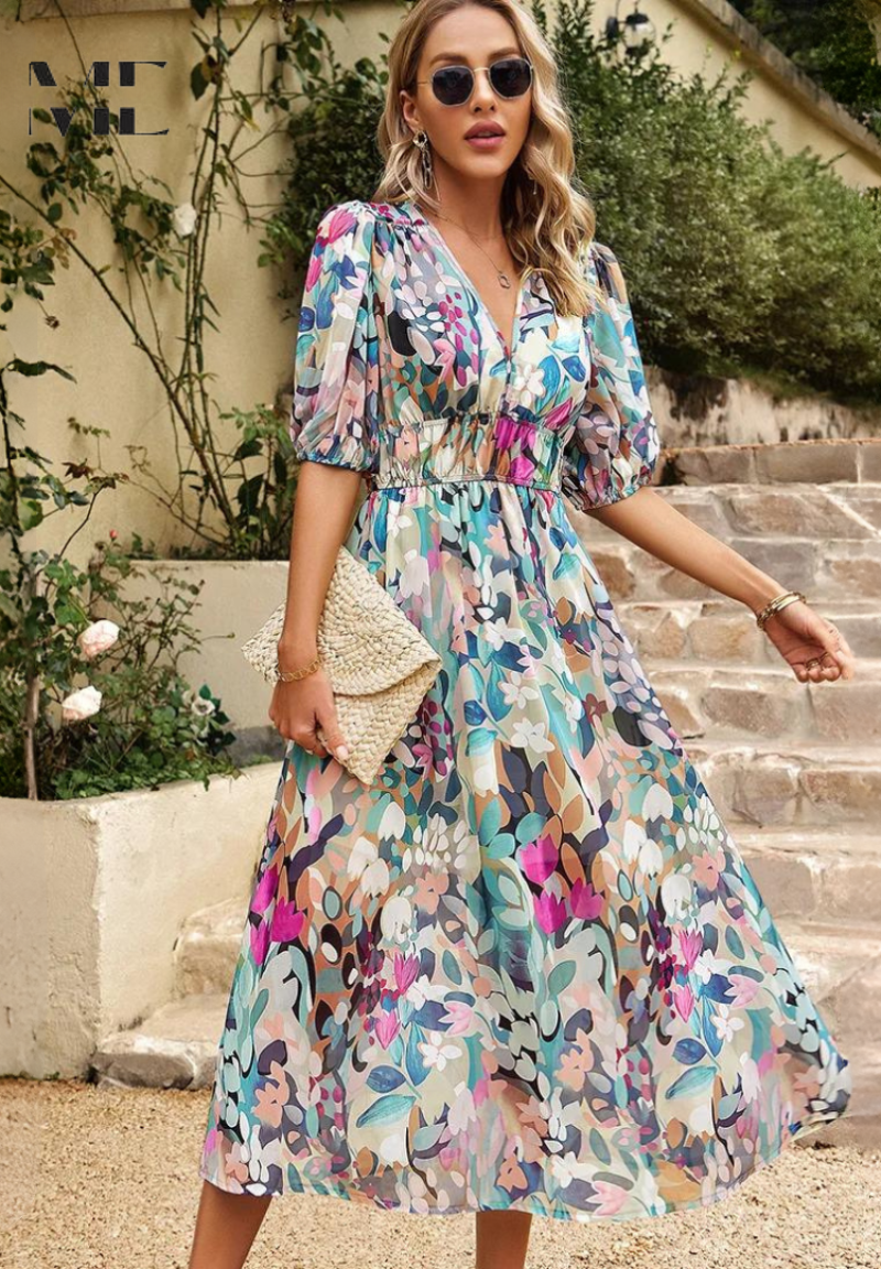 Elegant Floral Party Midi Dress with Puff Sleeves