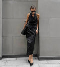 Black Satin Halter Wedding Guests Maxi Dress