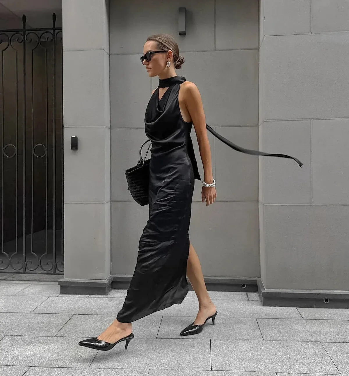 Black Satin Halter Wedding Guests Maxi Dress