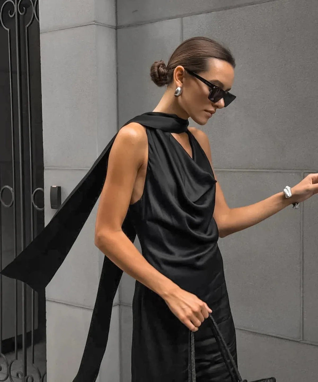 Black Satin Halter Wedding Guests Maxi Dress