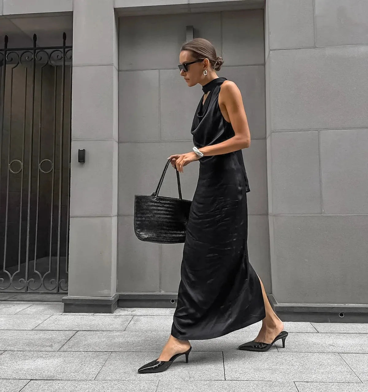 Black Satin Halter Wedding Guests Maxi Dress