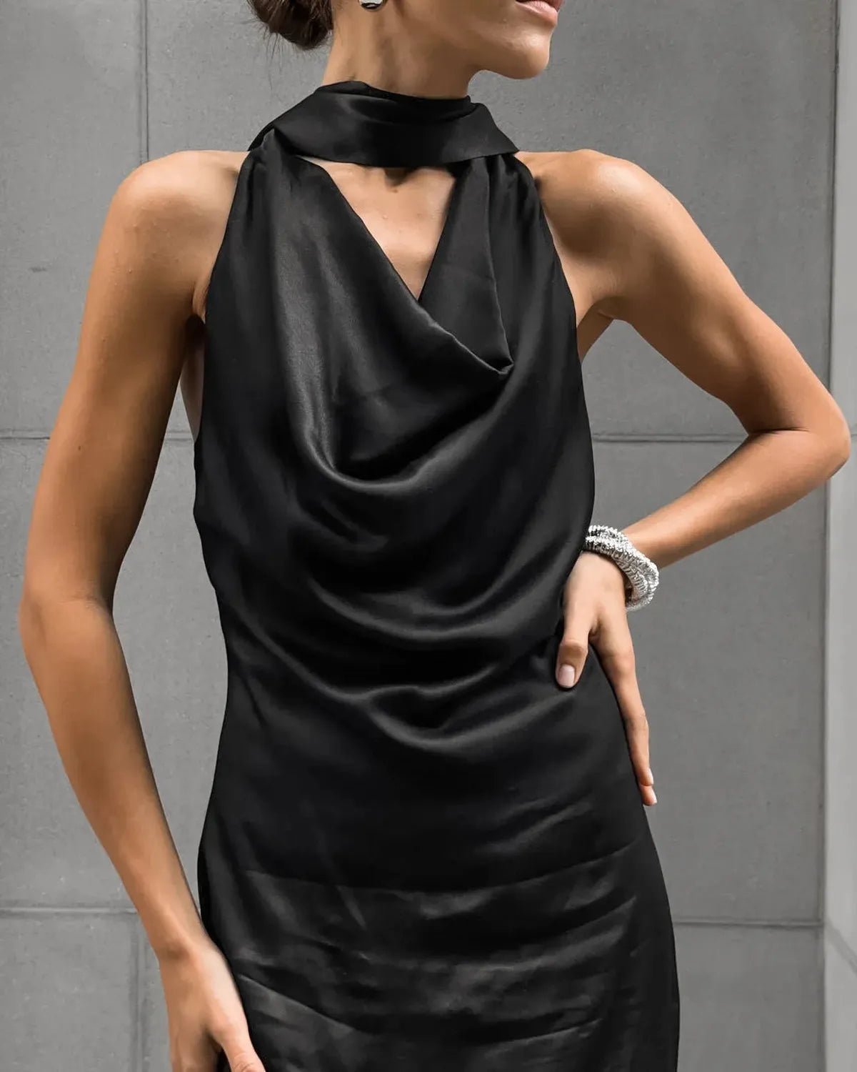 Black Satin Halter Wedding Guests Maxi Dress
