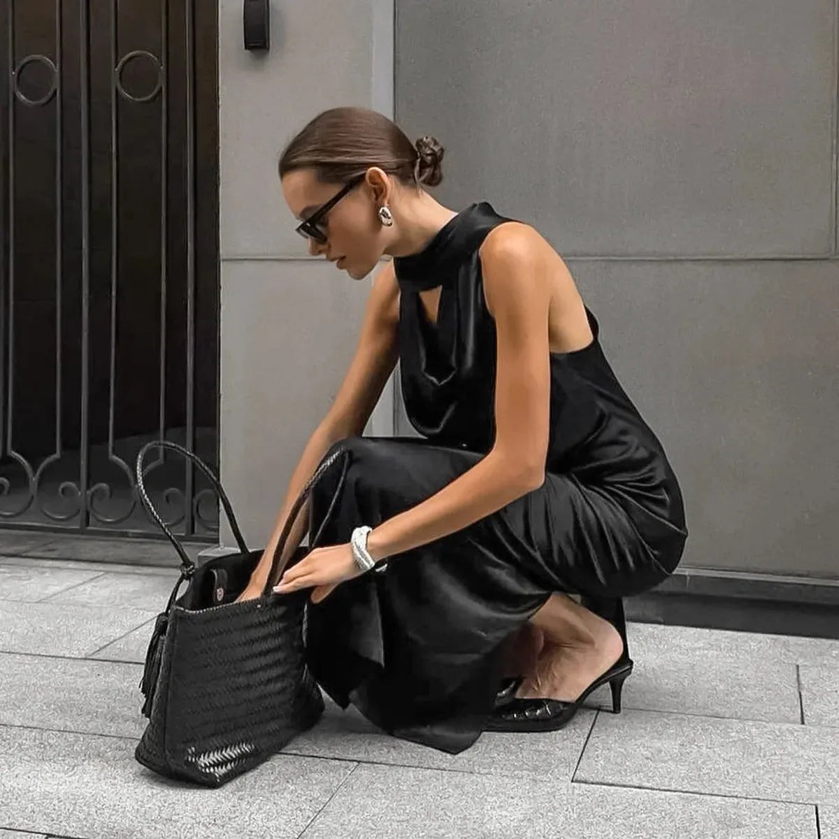 Black Satin Halter Wedding Guests Maxi Dress