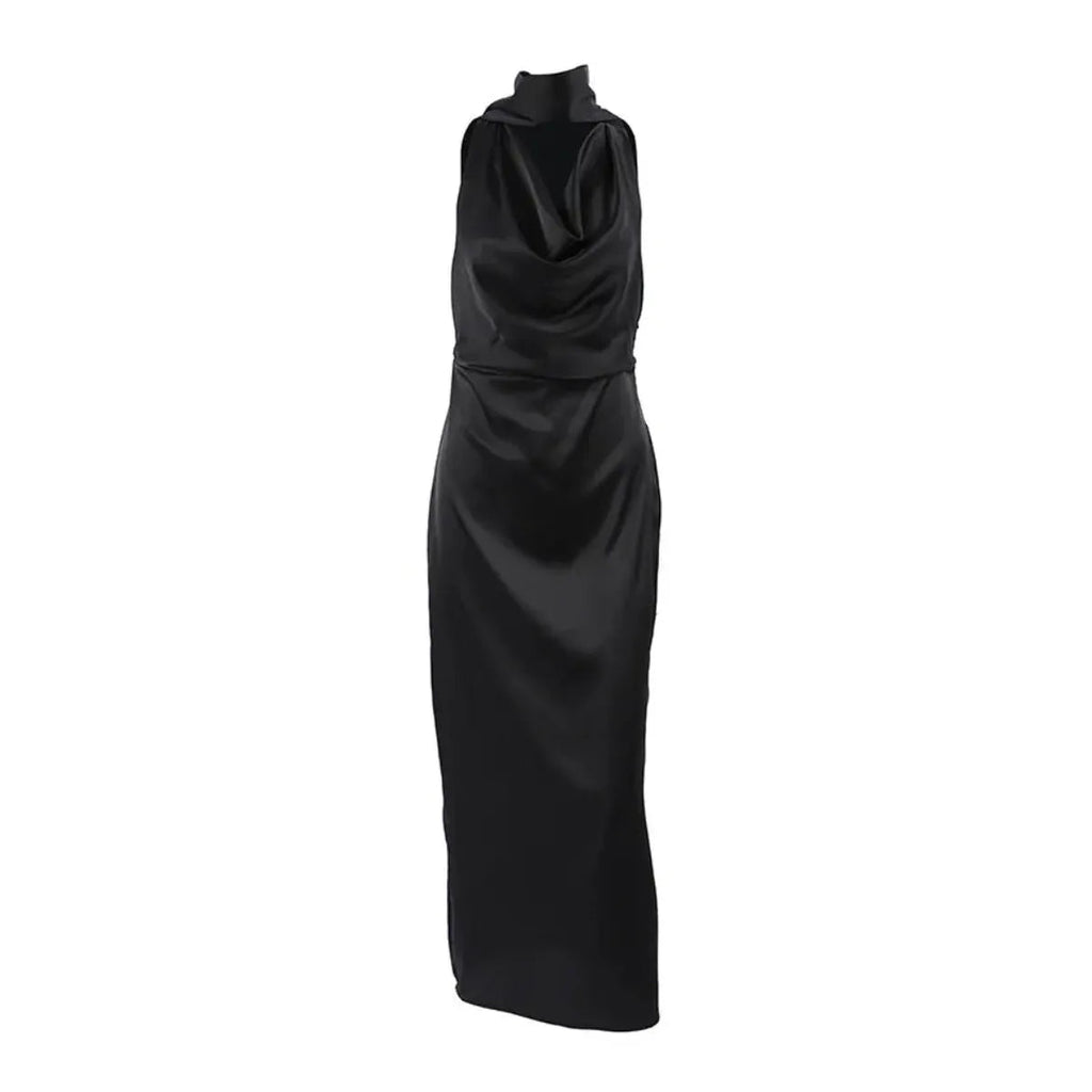 Black Satin Halter Wedding Guests Maxi Dress
