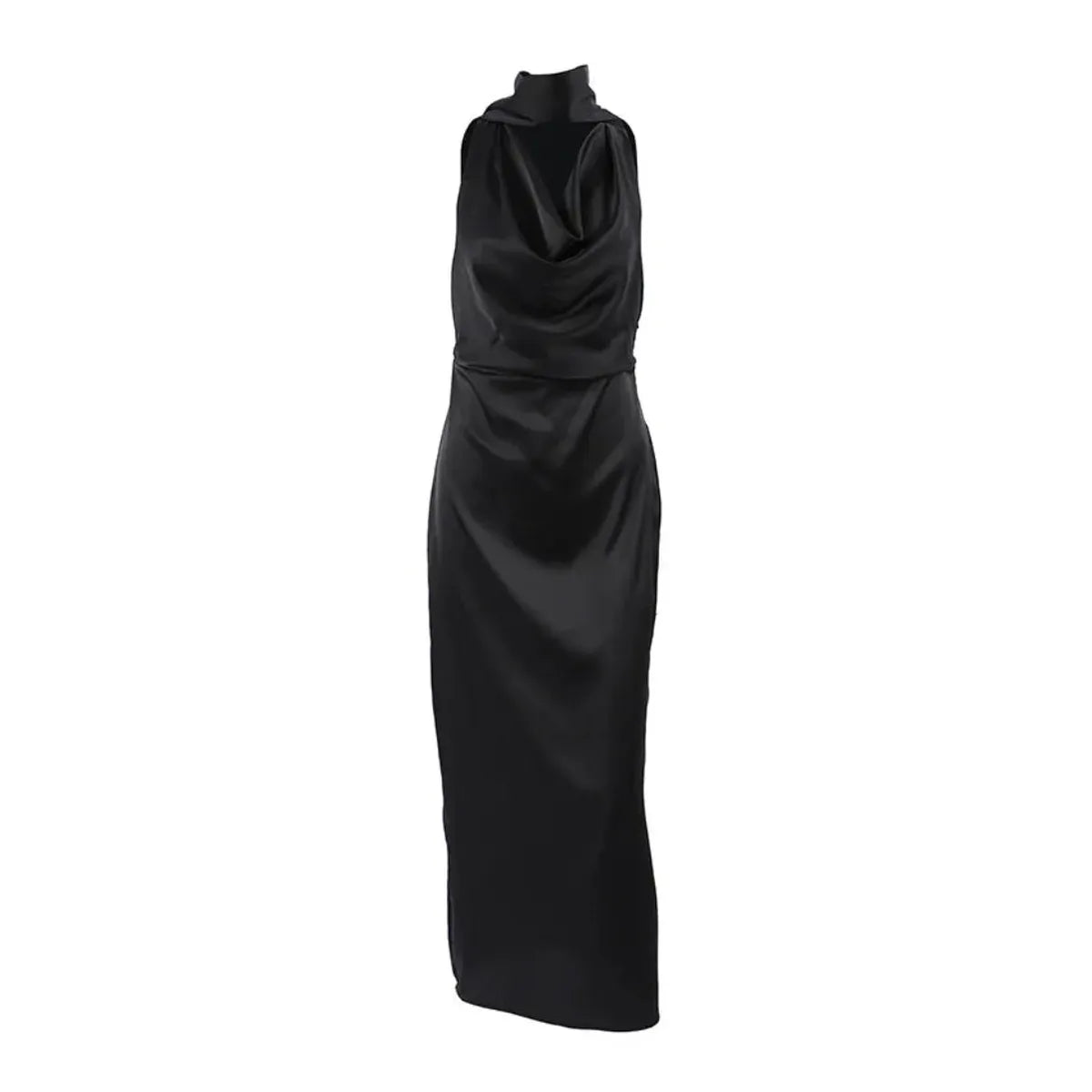 Black Satin Halter Wedding Guests Maxi Dress