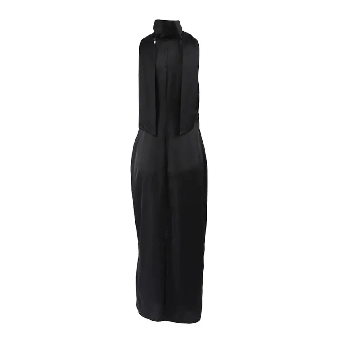 Black Satin Halter Wedding Guests Maxi Dress
