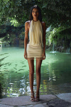 Pleated Halterneck Open Back Mini Dress