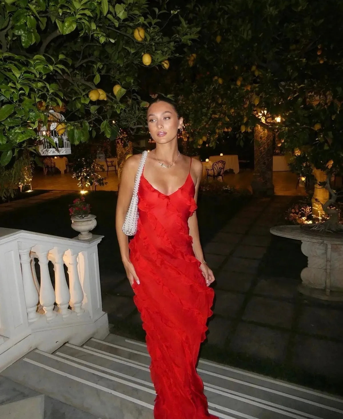 Romantic Ruffle Chiffon Evening Gown Maxi Dress