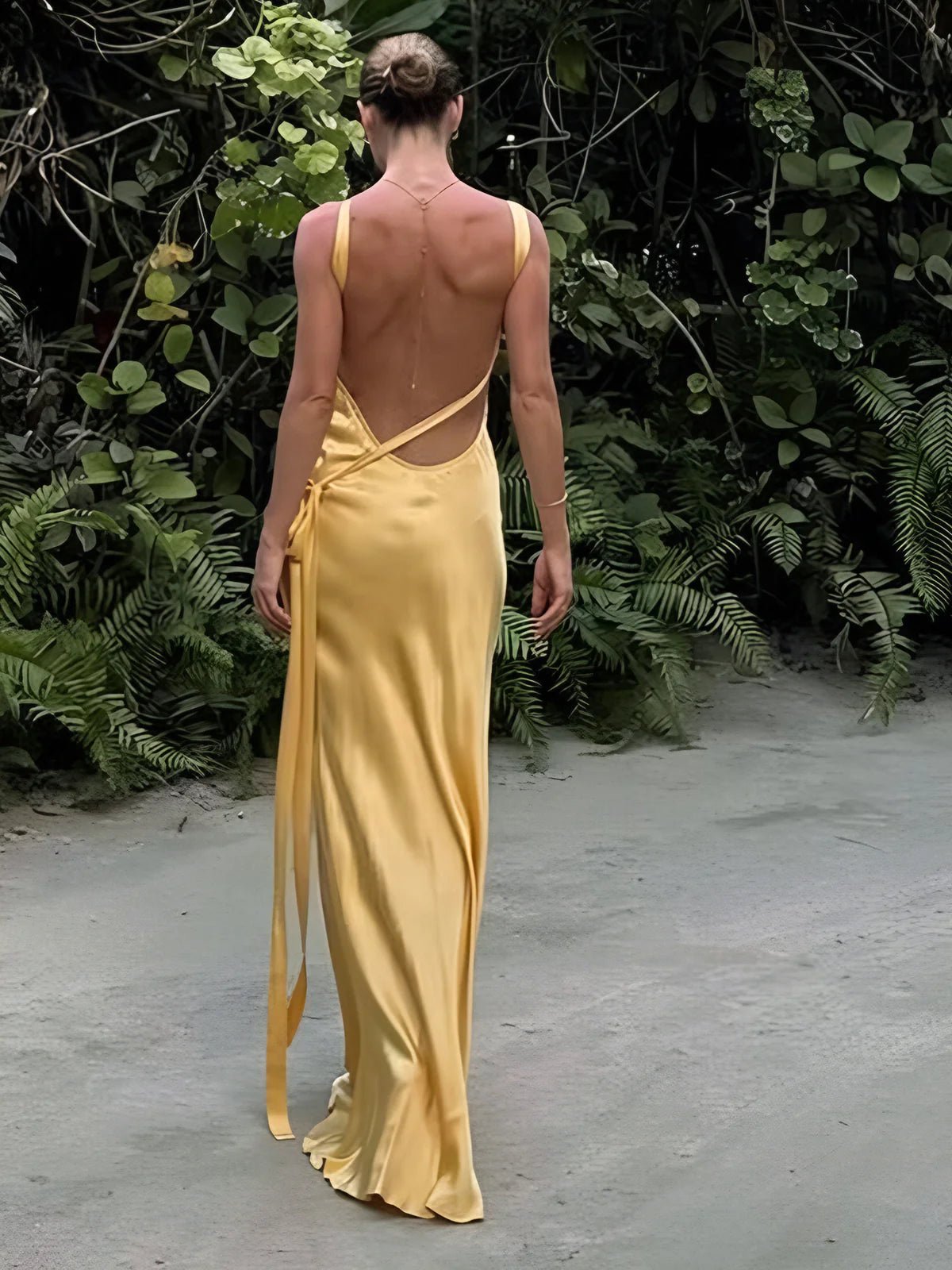 Semi-Sheer Yellow Satin Wedding Maxi Dress