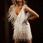 Women's Sequin Tassel V-Neck Backless Party Mini Dress