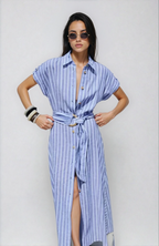 Striped Linen-Blend Work Maxi Dress with Belt