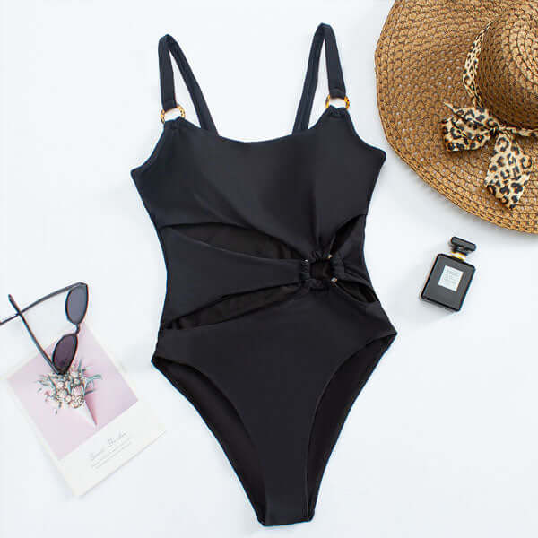 Swimsuit with Straight Neck and Open Front and Decorative Rings
