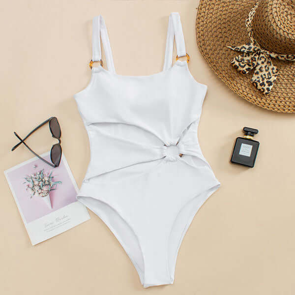 Swimsuit with Straight Neck and Open Front and Decorative Rings
