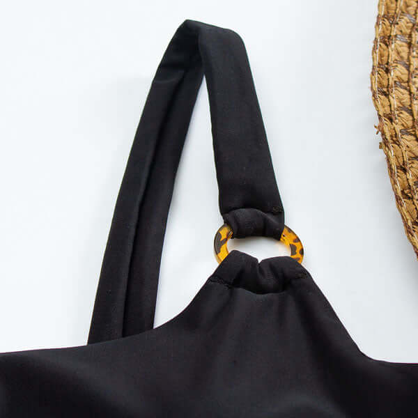 Swimsuit with Straight Neck and Open Front and Decorative Rings