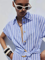 Striped Linen-Blend Work Maxi Dress with Belt