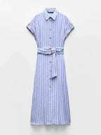 Striped Linen-Blend Work Maxi Dress with Belt