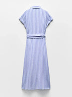 Striped Linen-Blend Work Maxi Dress with Belt