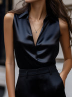 Sleek Black Satin Sleeveless Blouse