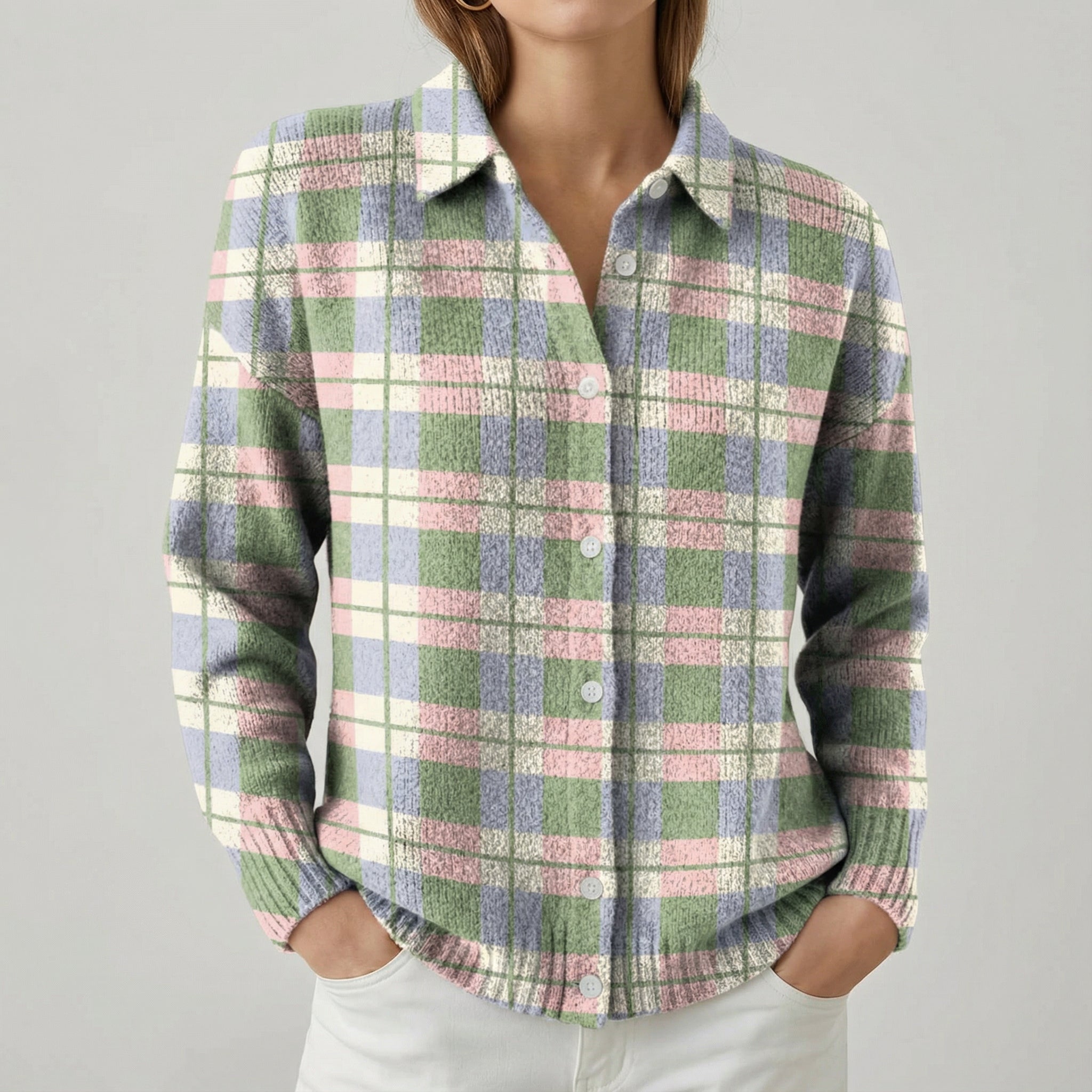 Elena | Checked knitted blouse in soft shades