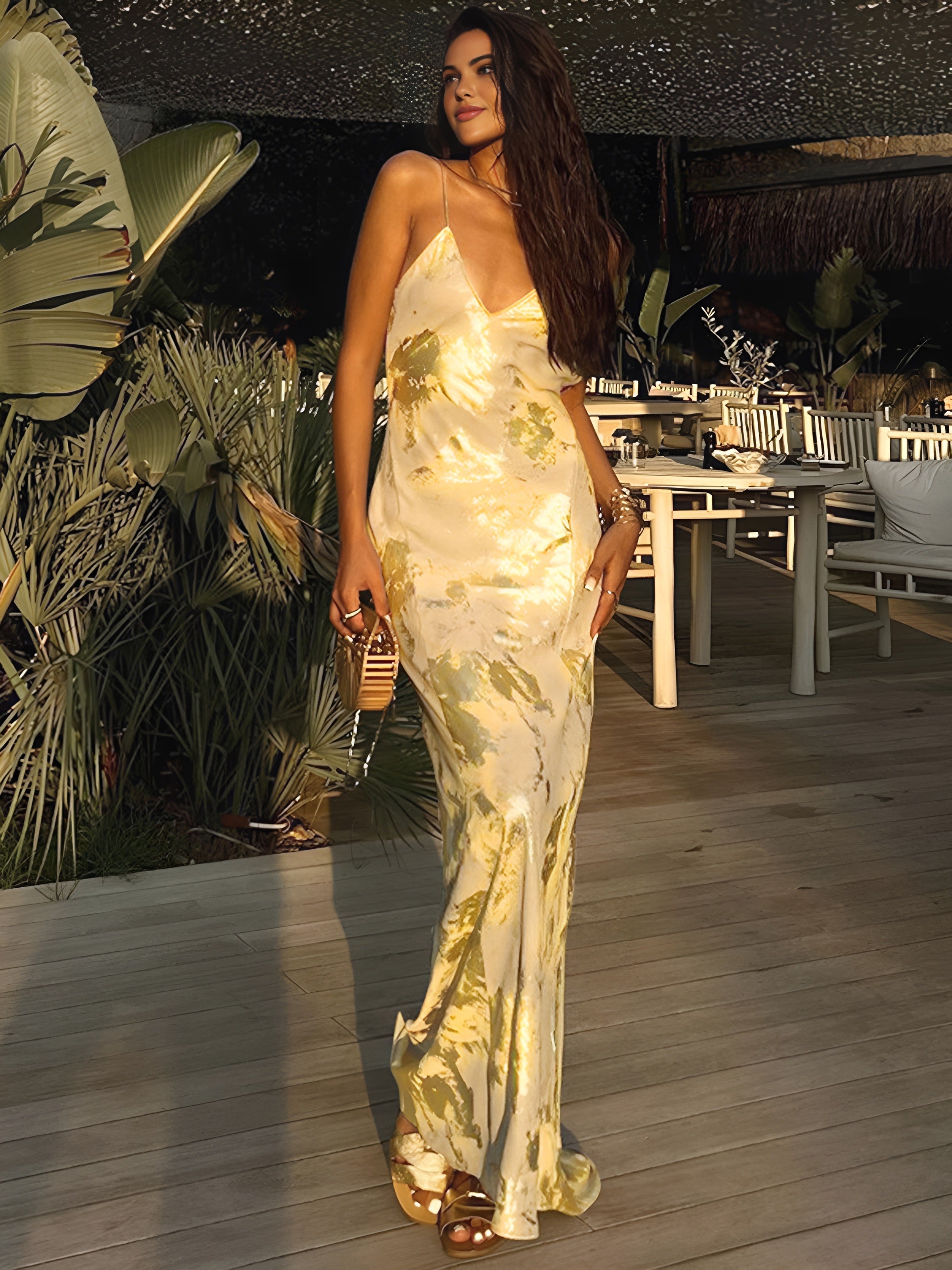 Elegant Yellow and Gold Wedding Guest Maxi Dress