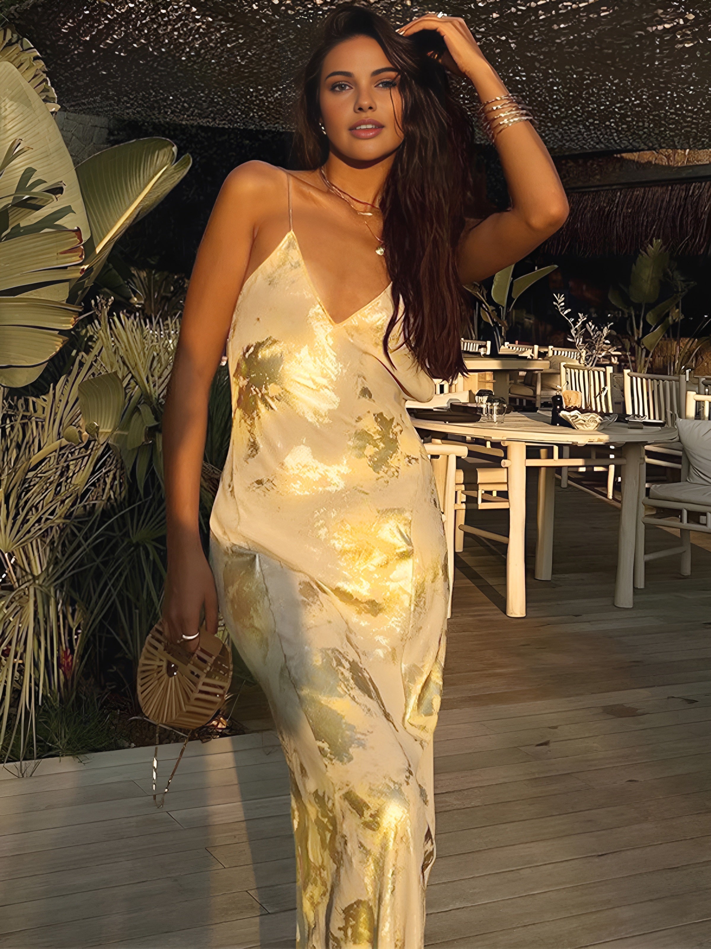 Elegant Yellow and Gold Wedding Guest Maxi Dress