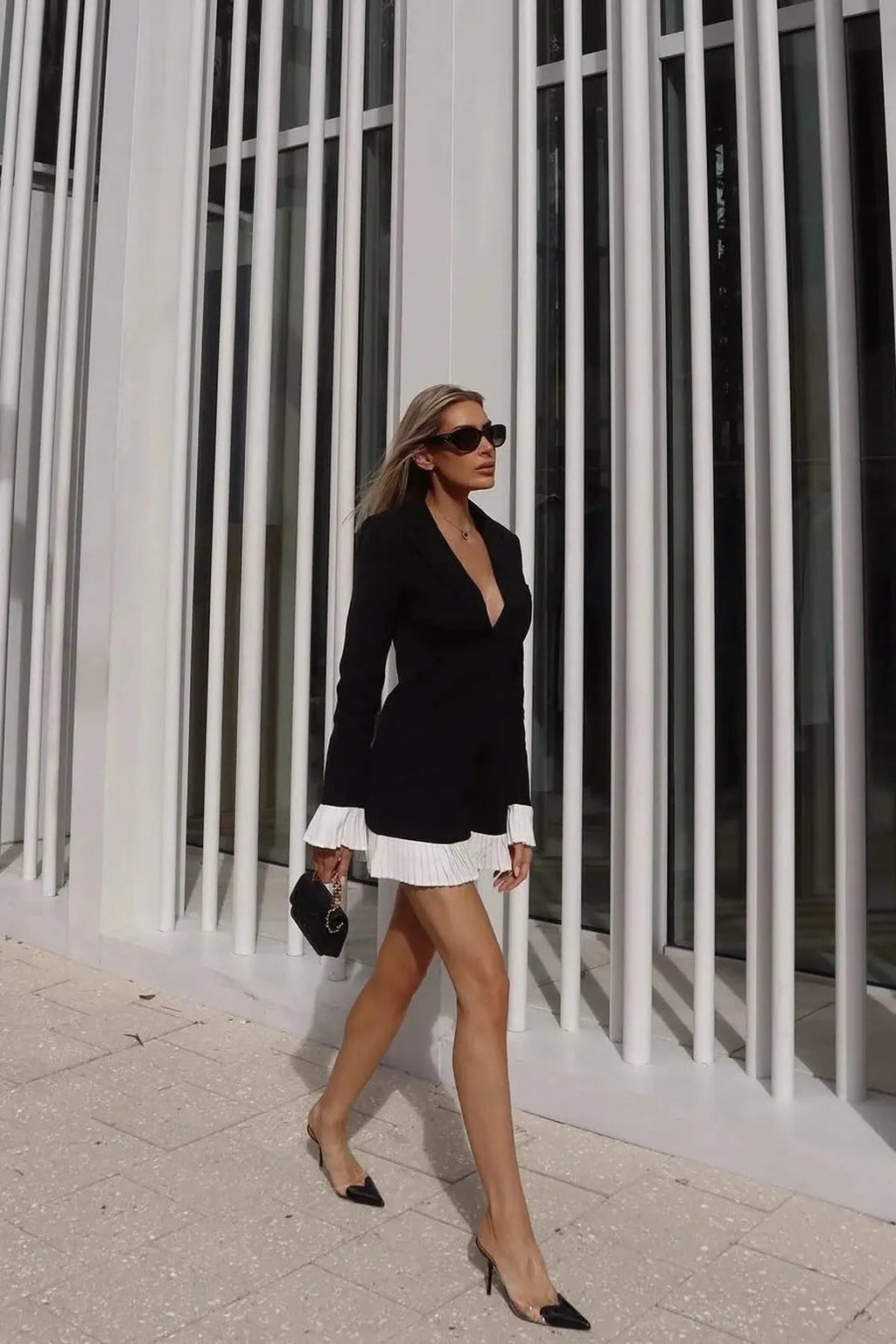 V-Neck Pleated Classy Casual Mini Dress with Button Front Closure