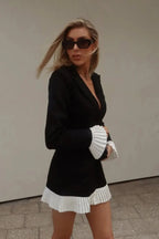 V-Neck Pleated Classy Casual Mini Dress with Button Front Closure