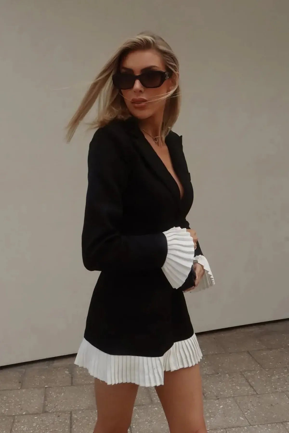 V-Neck Pleated Classy Casual Mini Dress with Button Front Closure