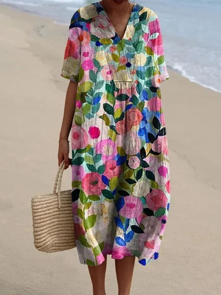 V-Neck Floral Beach Summer Midi Dress