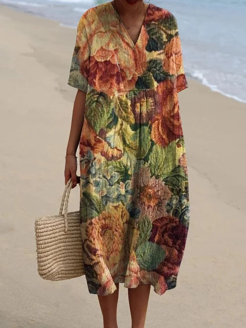 V-Neck Floral Beach Summer Midi Dress