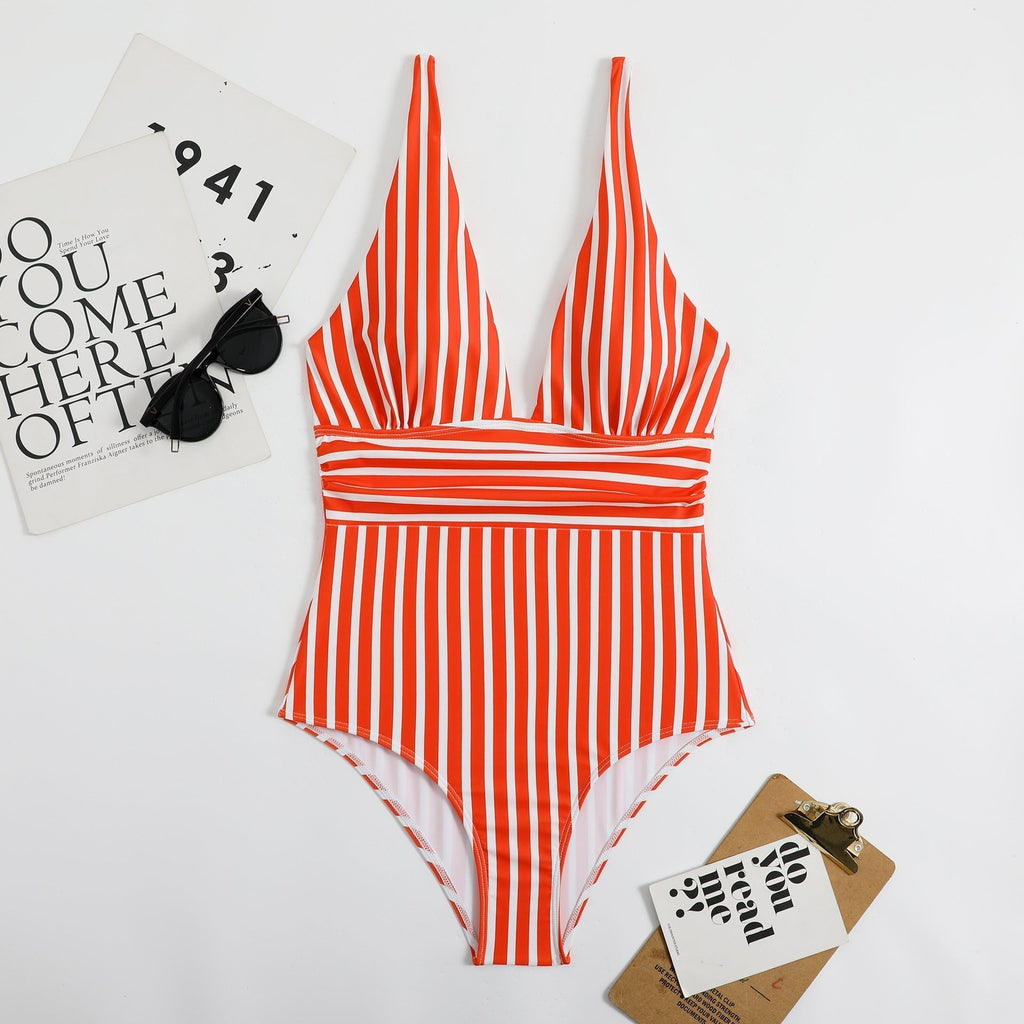 V-Neck Retro Striped Swimsuit