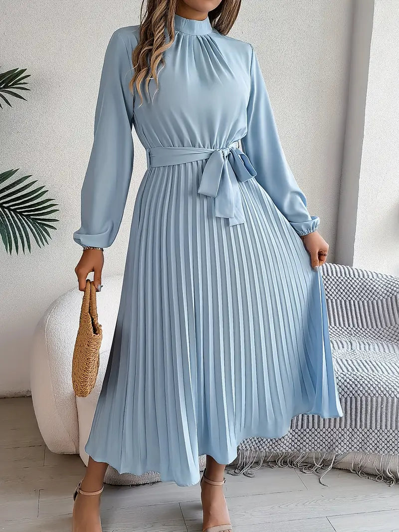 Chic Pleated Wedding Guest Midi Dress with Belted Waist