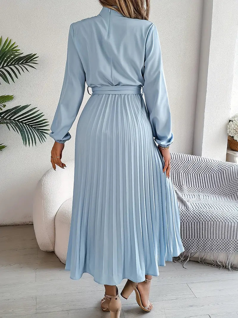 Chic Pleated Wedding Guest Midi Dress with Belted Waist