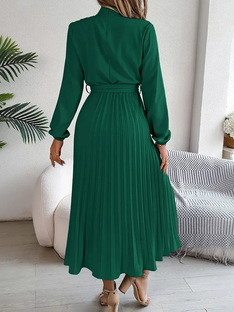 Chic Pleated Wedding Guest Midi Dress with Belted Waist