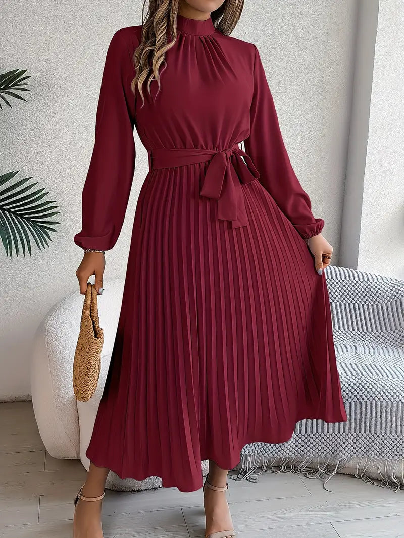 Chic Pleated Wedding Guest Midi Dress with Belted Waist