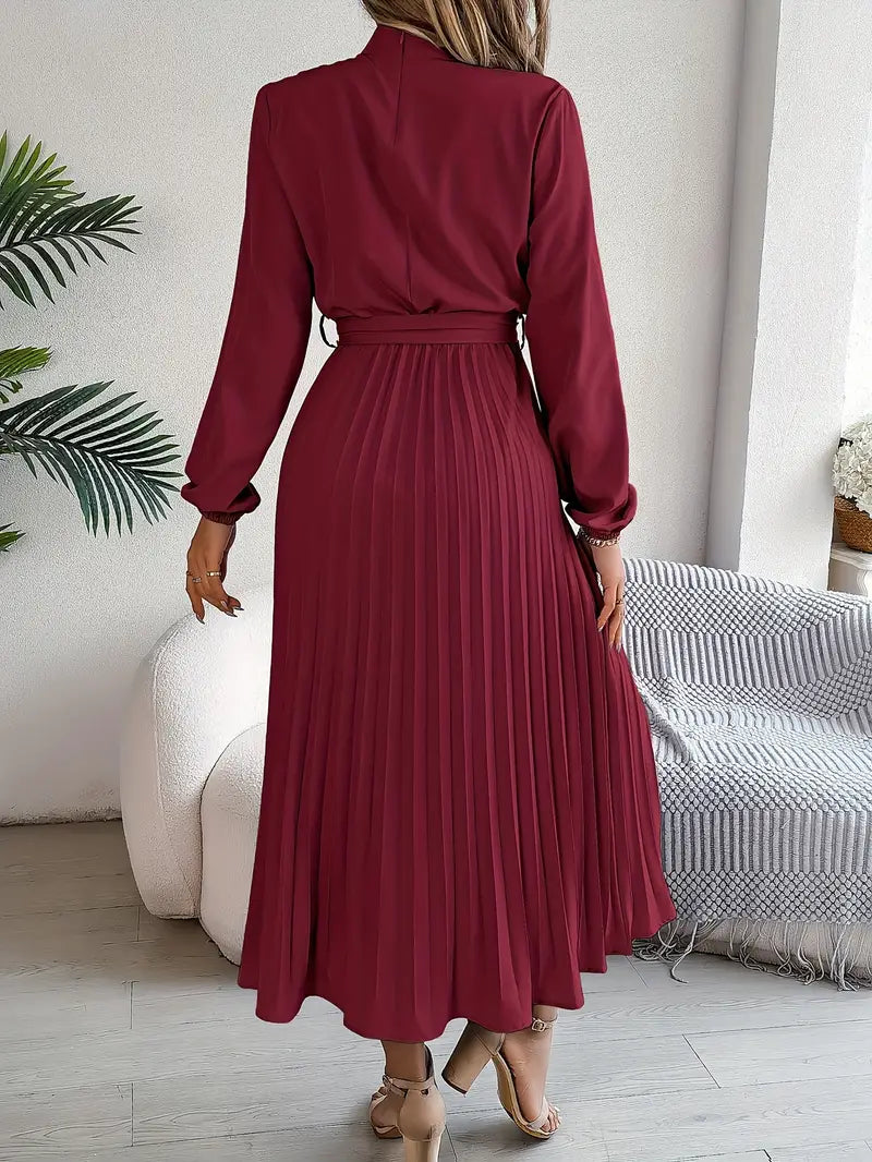 Chic Pleated Wedding Guest Midi Dress with Belted Waist