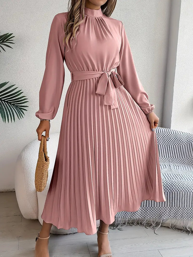 Chic Pleated Wedding Guest Midi Dress with Belted Waist